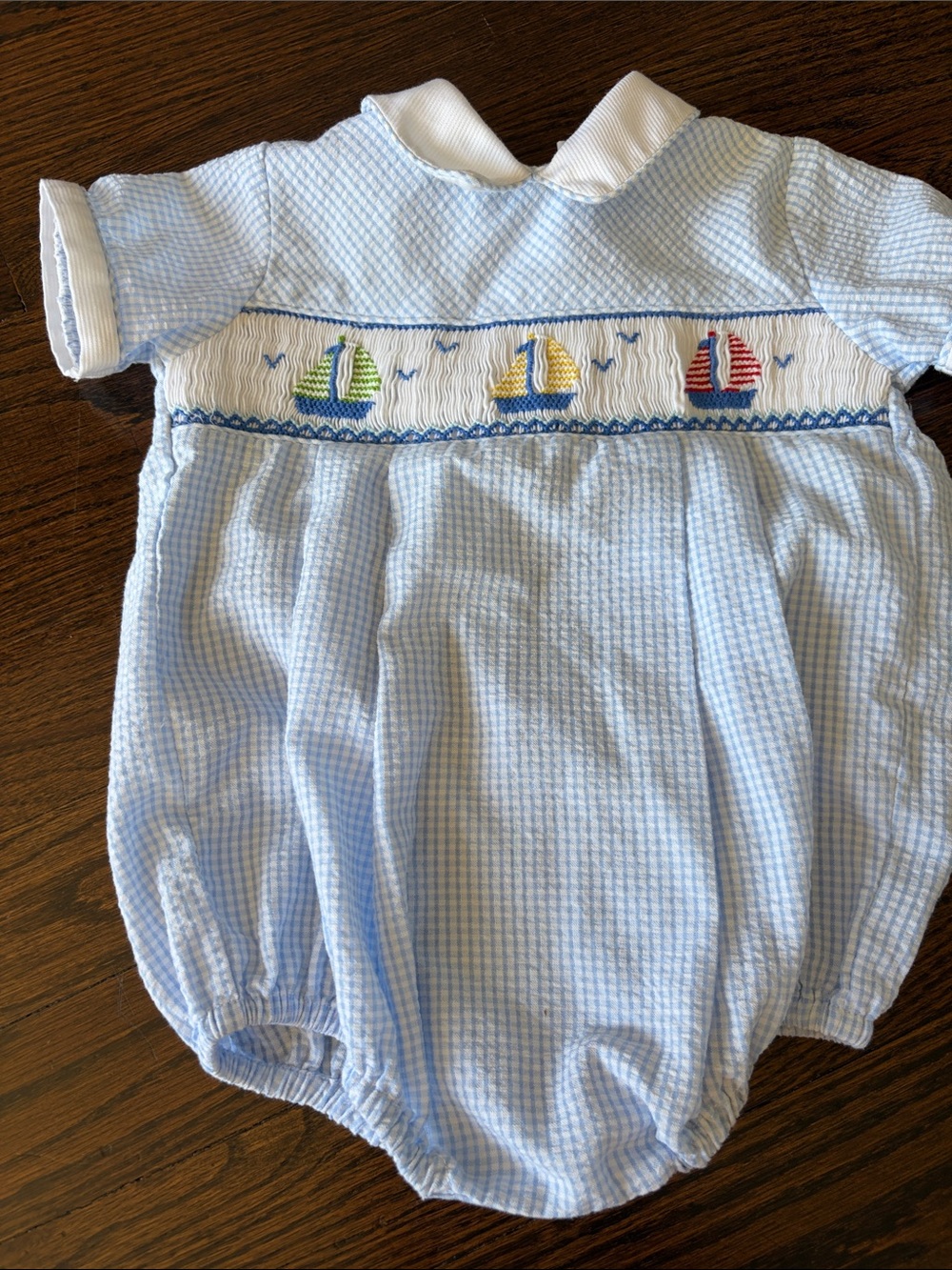 Carriage Boutique Light Blue Seersucker Sailboat Bubble Romper